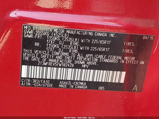 Toyota Rav4 Xle 2015 2T3WFREV5FW182428 Image 9
