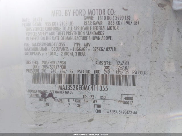 Aukcja sprzedaży 2021 Ford Ecosport Titanium, vin: MAJ3S2KE0MC411355, numer aukcji: 45776466