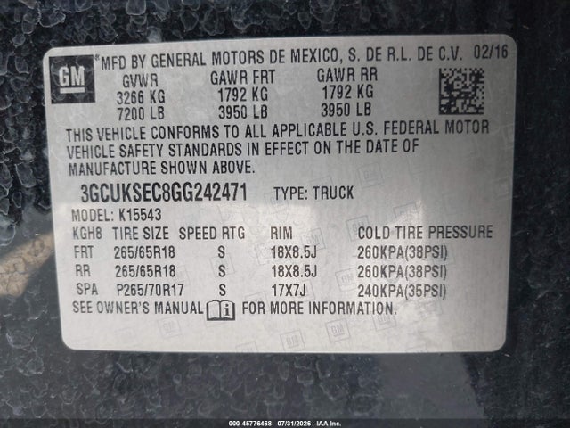 Продажа на аукционе авто 2016 Chevrolet Silverado 1500 Ltz, vin: 3GCUKSEC8GG242471, номер лота: 45776468