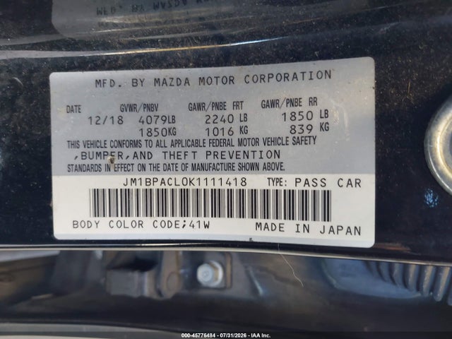 45776484 :رقم المزاد ، JM1BPACL0K1111418 vin ، 2019 Mazda 3 Preferred Plus مزاد بيع