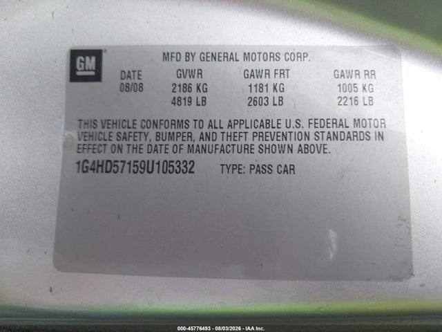 45776493 :رقم المزاد ، 1G4HD57159U105332 vin ، 2009 Buick Lucerne Cxl-4 مزاد بيع