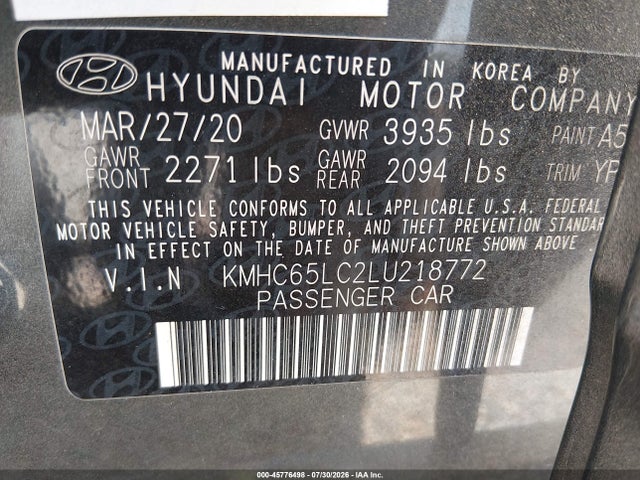 45776498 :رقم المزاد ، KMHC65LC2LU218772 vin ، 2020 Hyundai Ioniq Hybrid Blue مزاد بيع