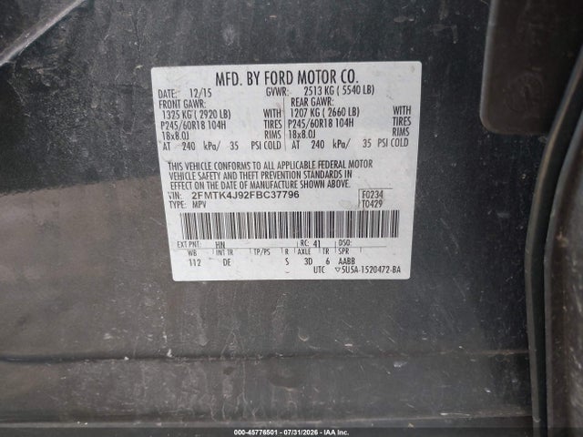 45776501 :رقم المزاد ، 2FMTK4J92FBC37796 vin ، 2015 Ford Edge Sel مزاد بيع