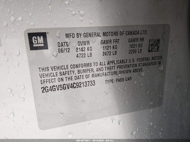 2012 Buick Regal Gs მანქანა იყიდება აუქციონზე, vin: 2G4GV5GV4C9213733, აუქციონის ნომერი: 45776512