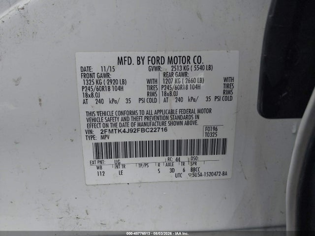 Продажа на аукционе авто 2015 Ford Edge Sel, vin: 2FMTK4J92FBC22716, номер лота: 45776513
