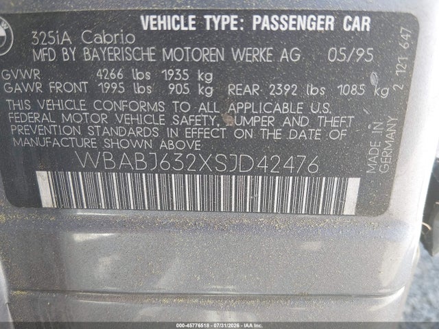 Aukcja sprzedaży 1995 Bmw 325 Ic Automatic, vin: WBABJ632XSJD42476, numer aukcji: 45776518