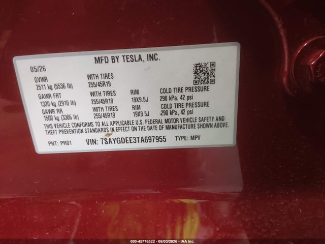 7SAYGDEE3TA697955 Tesla Model Y All-wheel Drive/long Range Launch Series/premium All-wheel Drive