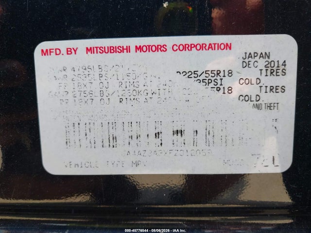 Aukcja sprzedaży 2015 Mitsubishi Outlander Se, vin: JA4AZ3A3XFZ012059, numer aukcji: 45776544