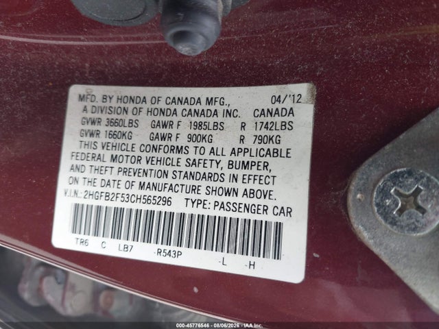 Aukcja sprzedaży 2012 Honda Civic Lx, vin: 2HGFB2F53CH565296, numer aukcji: 45776546