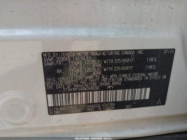 Продаж на аукціоні авто 2024 Toyota Rav4 Le, vin: 2T3H1RFV4RW348030, номер лоту: 45776550