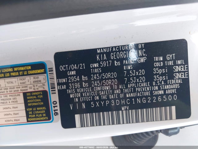 2022 Kia Telluride Ex მანქანა იყიდება აუქციონზე, vin: 5XYP3DHC1NG226500, აუქციონის ნომერი: 45776552