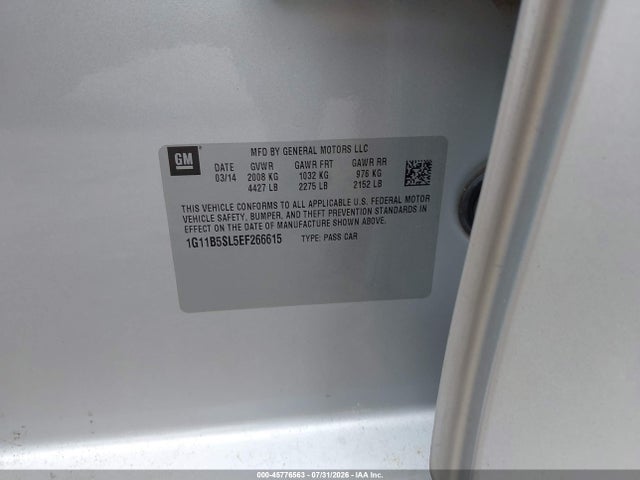 45776563 :رقم المزاد ، 1G11B5SL5EF266615 vin ، 2014 Chevrolet Malibu 1ls مزاد بيع