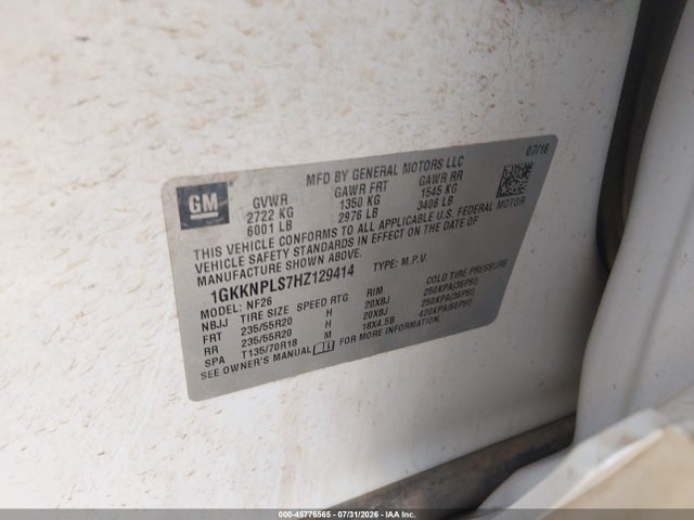45776565 :رقم المزاد ، 1GKKNPLS7HZ129414 vin ، 2017 Gmc Acadia Denali مزاد بيع