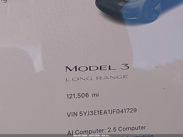 2018 Tesla Model 3 Long Range/mid Range მანქანა იყიდება აუქციონზე, vin: 5YJ3E1EA1JF041729, აუქციონის ნომერი: 45776568