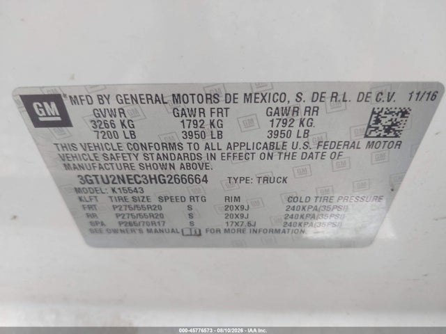 45776573 :رقم المزاد ، 3GTU2NEC3HG266664 vin ، 2017 Gmc Sierra 1500 Slt مزاد بيع
