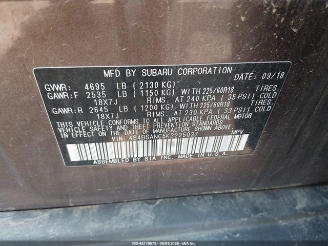 45776575 :رقم المزاد ، 4S4BSANC5K3225037 vin ، 2019 Subaru Outback 2.5i Limited مزاد بيع