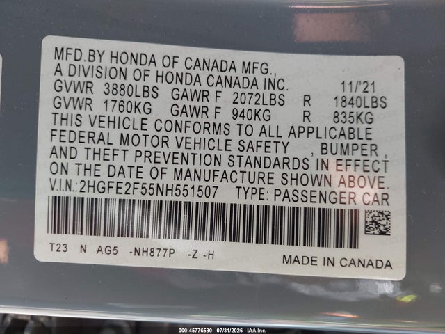 2HGFE2F55NH551507 Honda Civic Sport