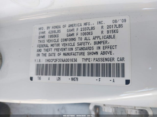 Продажа на аукционе авто 2010 Honda Accord 2.4 Lx, vin: 1HGCP2F37AA001634, номер лота: 45776593