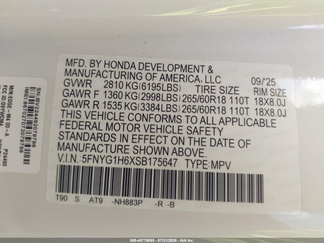 2025 Honda Pilot Trailsport მანქანა იყიდება აუქციონზე, vin: 5FNYG1H6XSB175647, აუქციონის ნომერი: 45776595