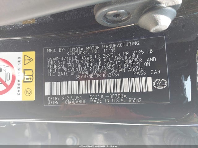 Продажа на аукционе авто 2019 Lexus Es 350, vin: 58ABZ1B10KU013454, номер лота: 45776600
