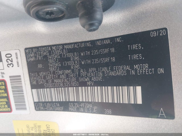 Продаж на аукціоні авто 2020 Toyota Sienna Xle, vin: 5TDDZ3DC8LS251850, номер лоту: 45776611