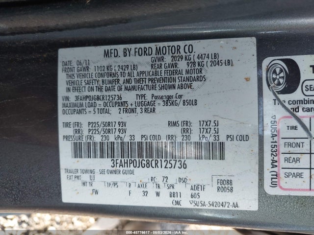 Aukcja sprzedaży 2012 Ford Fusion Sel, vin: 3FAHP0JG8CR125736, numer aukcji: 45776617