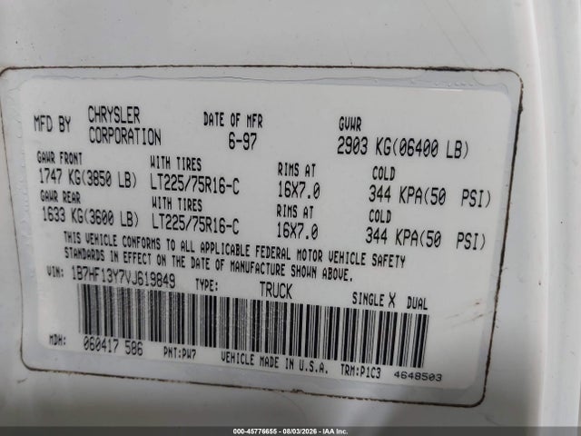 45776655 :رقم المزاد ، 1B7HF13Y7VJ619849 vin ، 1997 Dodge Ram 1500 St مزاد بيع