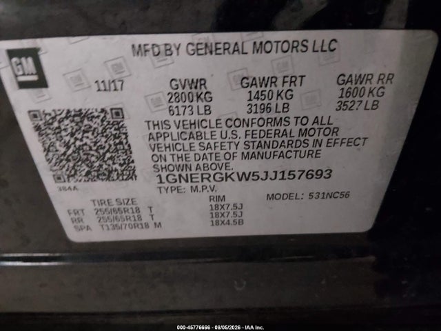 45776666 :رقم المزاد ، 1GNERGKW5JJ157693 vin ، 2018 Chevrolet Traverse Lt Cloth مزاد بيع
