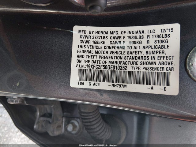 2016 Honda Civic Lx მანქანა იყიდება აუქციონზე, vin: 19XFC2F50GE010352, აუქციონის ნომერი: 45776669