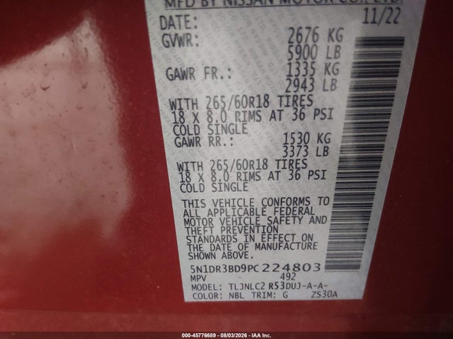 45776689 :رقم المزاد ، 5N1DR3BD9PC224803 vin ، 2023 Nissan Pathfinder Rock Creek 4wd مزاد بيع