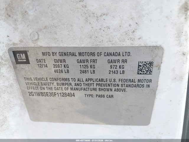2015 Chevrolet Impala Limited Lt მანქანა იყიდება აუქციონზე, vin: 2G1WB5E36F1128494, აუქციონის ნომერი: 45776690