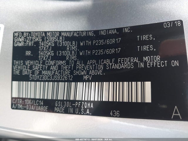 5TDYZ3DC3JS932612 Toyota Sienna Xle 7 Passenger