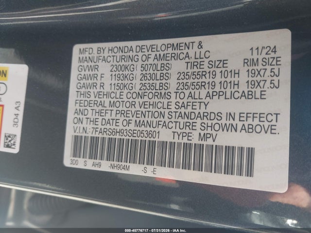 Aukcja sprzedaży 2025 Honda Cr-v Hybrid Sport Touring, vin: 7FARS6H93SE053601, numer aukcji: 45776717