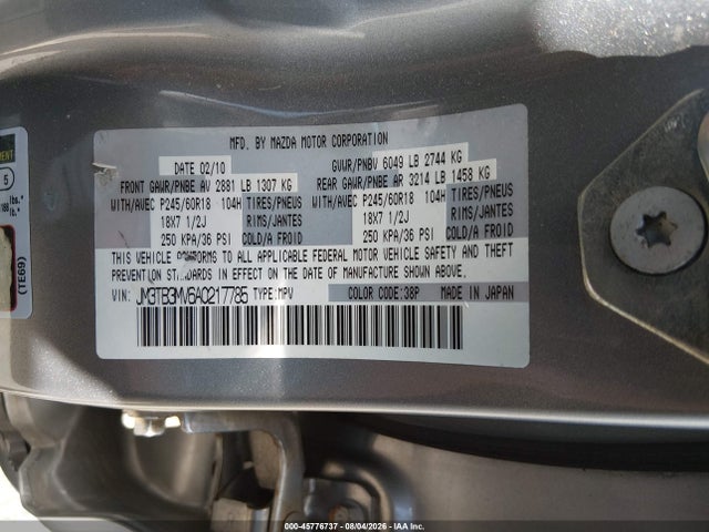 45776737 :رقم المزاد ، JM3TB3MV6A0217785 vin ، 2010 Mazda Cx-9 Touring مزاد بيع