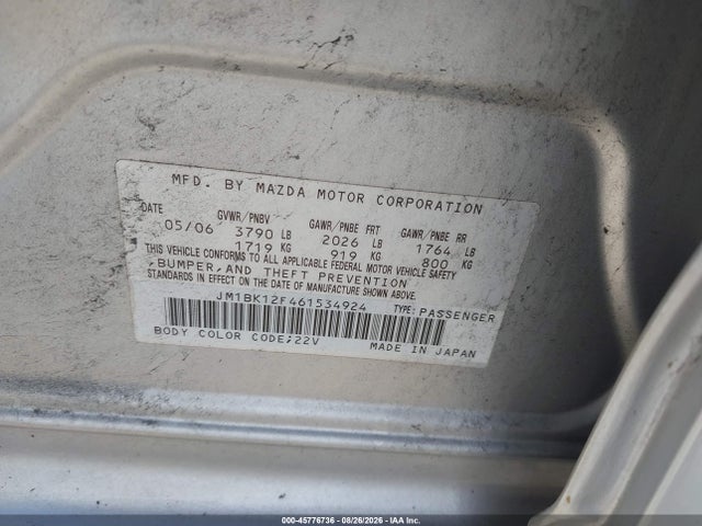 Aukcja sprzedaży 2006 Mazda 3 I, vin: JM1BK12F461534924, numer aukcji: 45776736