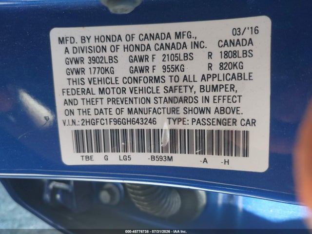 Honda Civic Touring 2016 2HGFC1F96GH643246 Image 9