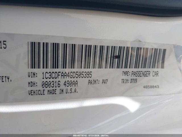 Aukcja sprzedaży 2016 Dodge Dart Se, vin: 1C3CDFAA4GD505395, numer aukcji: 45776742