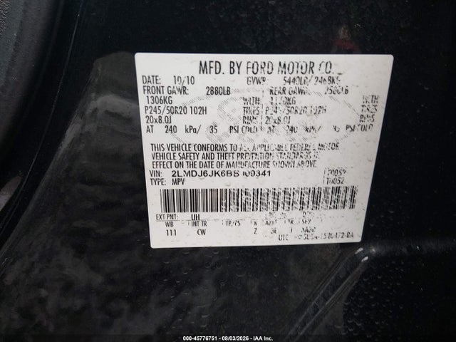 Aukcja sprzedaży 2011 Lincoln Mkx, vin: 2LMDJ6JK6BBJ09341, numer aukcji: 45776751