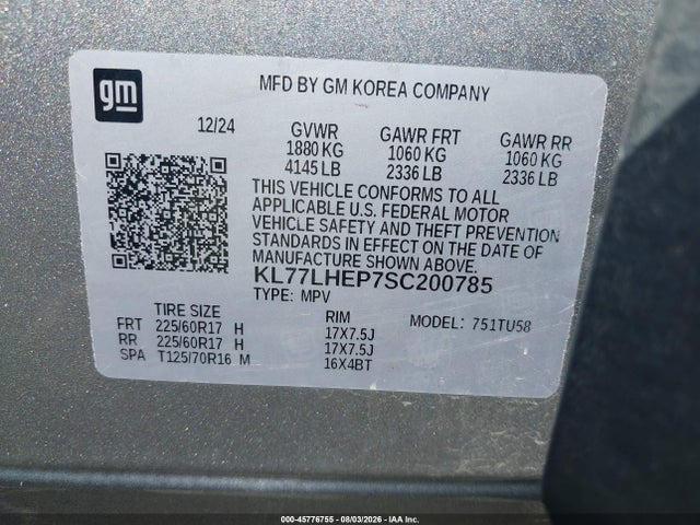 45776755 :رقم المزاد ، KL77LHEP7SC200785 vin ، 2025 Chevrolet Trax Fwd Lt مزاد بيع