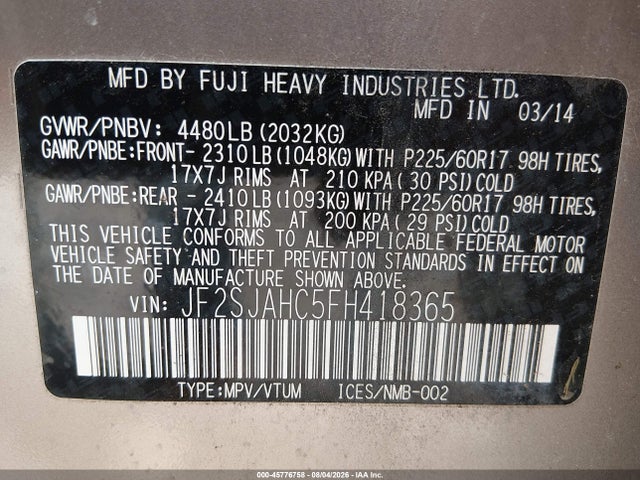 Продаж на аукціоні авто 2015 Subaru Forester 2.5i Limited, vin: JF2SJAHC5FH418365, номер лоту: 45776758