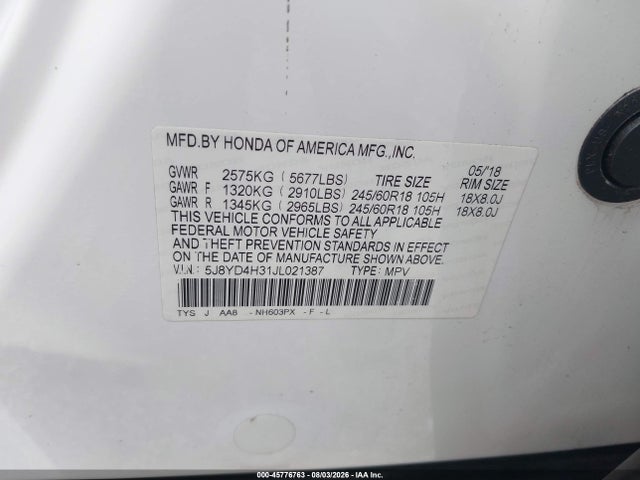 2018 Acura Mdx მანქანა იყიდება აუქციონზე, vin: 5J8YD4H31JL021387, აუქციონის ნომერი: 45776763