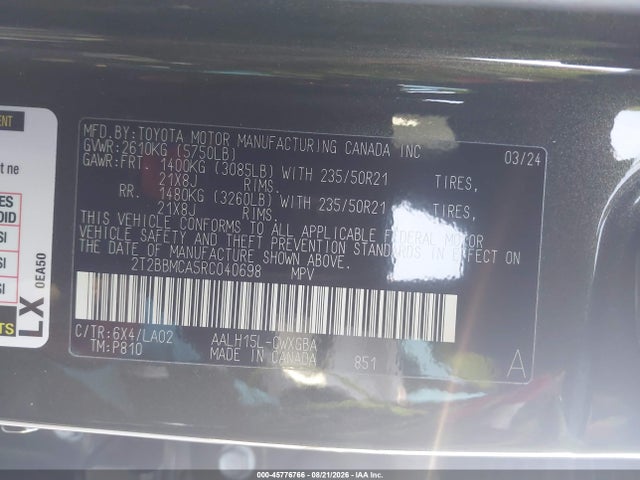 Продажа на аукционе авто 2024 Lexus Rx 350h Luxury, vin: 2T2BBMCA5RC040698, номер лота: 45776766