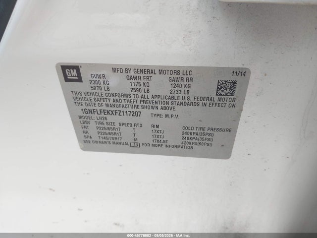 Продаж на аукціоні авто 2015 Chevrolet Equinox Lt, vin: 1GNFLFEKXFZ117207, номер лоту: 45776802