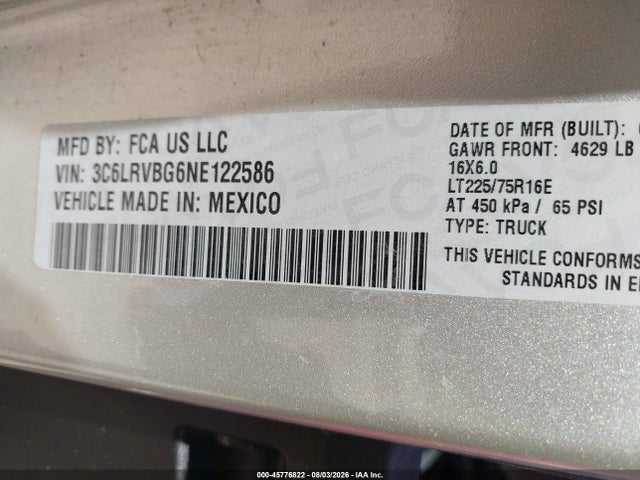 Aukcja sprzedaży 2022 Ram Promaster 1500 High Roof 136 Wb, vin: 3C6LRVBG6NE122586, numer aukcji: 45776822