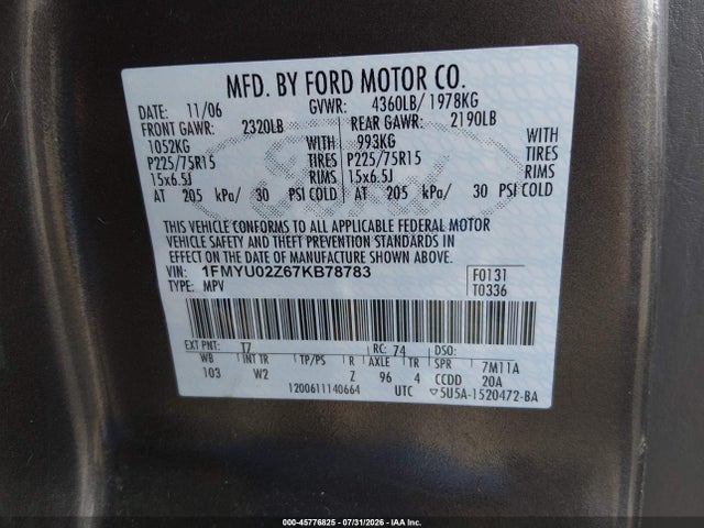 Продаж на аукціоні авто 2007 Ford Escape Xls/xls Manual, vin: 1FMYU02Z67KB78783, номер лоту: 45776825