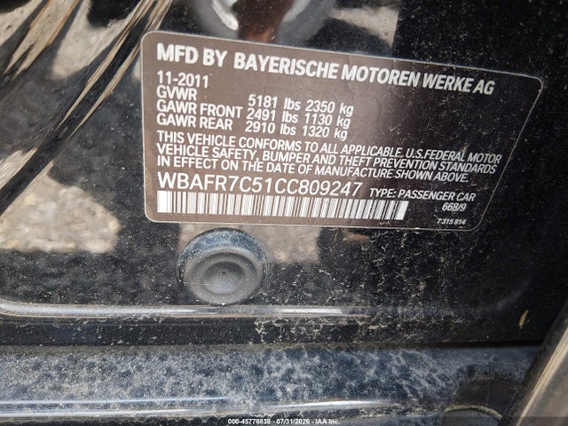 Продаж на аукціоні авто 2012 Bmw 535i, vin: WBAFR7C51CC809247, номер лоту: 45776838
