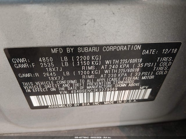 2019 Subaru Outback 3.6r Limited მანქანა იყიდება აუქციონზე, vin: 4S4BSENC3K3279069, აუქციონის ნომერი: 45776842