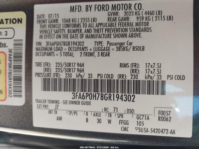 Ford FUSION SE 2016 3FA6P0H78GR194302 Image 9