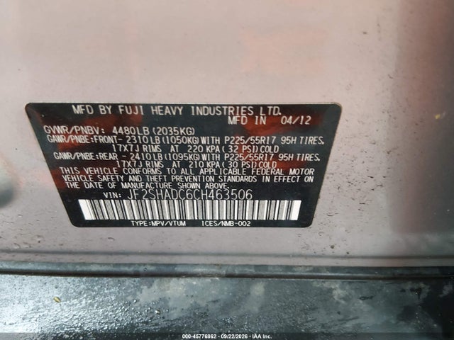 Aukcja sprzedaży 2012 Subaru Forester 2.5x Premium, vin: JF2SHADC6CH463506, numer aukcji: 45776862