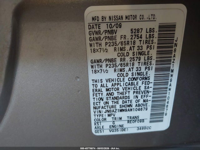 45776874 :رقم المزاد ، JN8AZ1MW9AW104679 vin ، 2010 Nissan Murano Sl مزاد بيع